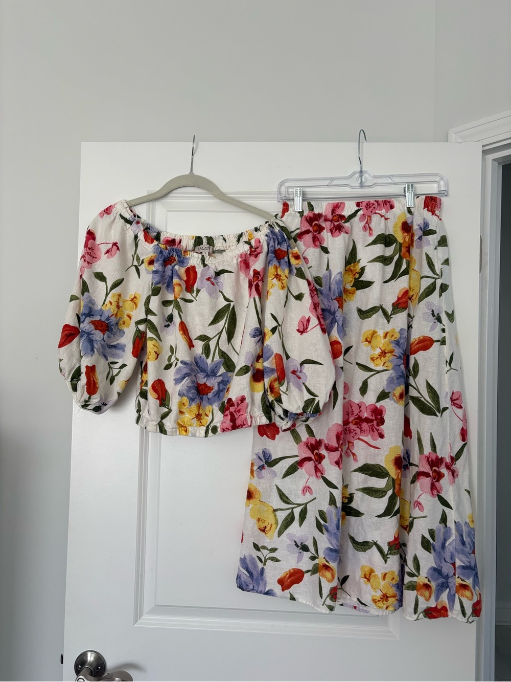 Laura Ashley Linen Floral Off-Shoulder Top and Skirt Set - White Multicolor